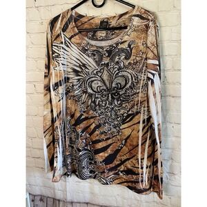 Fleur Di LisUSA Multicolor Floral Rhinestone & Lace L/S top size 1XL